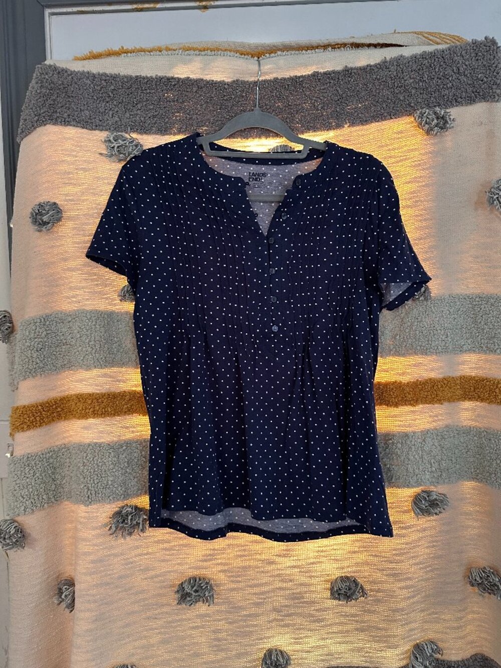 Lands' End Women's Lightweight Jersey Button Pintuck Top - Deep Sea Navy - Med
